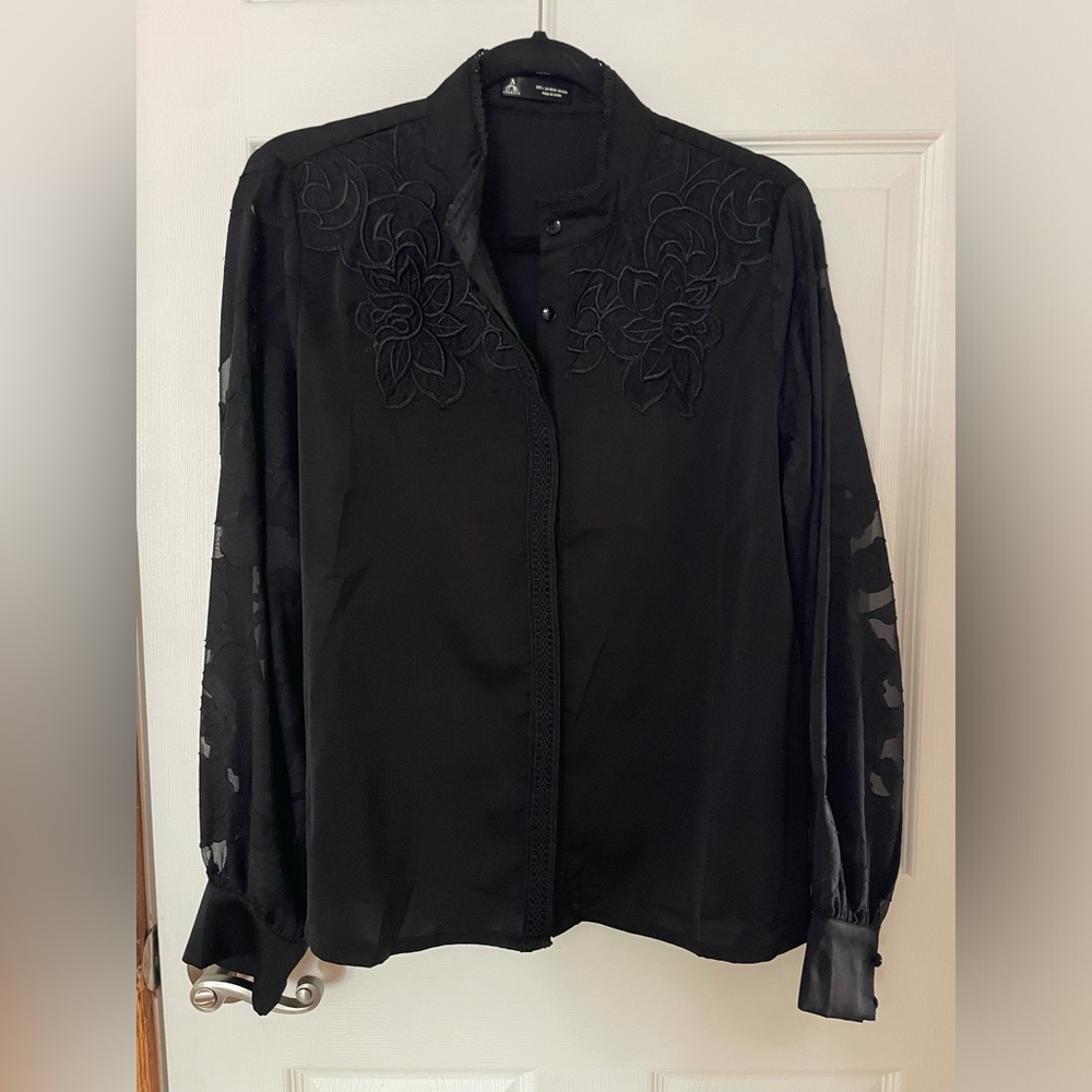 Anewsta Black Mock Neck Lace Trim Sheer Sleeve Blouse
